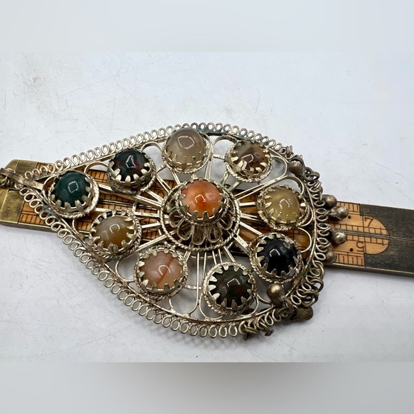 Huge chunky vintage silver tone pendant necklace 22” chain gemstones - Picture 3 of 11